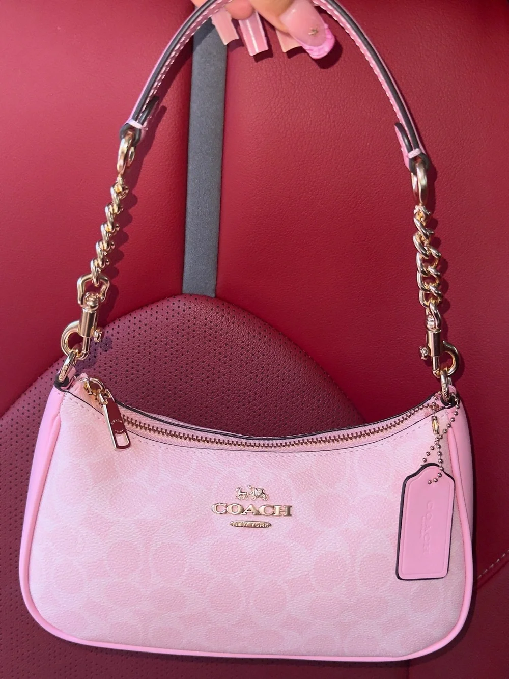 Coach Pink Signature Mini Shoulder Bag with Gold Chain